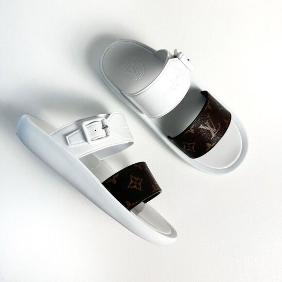LOUIS VUITTON White Sunbath Flat Slide Sandals 39 US 9 Brown Monogram Canvas - Picture 1 of 12